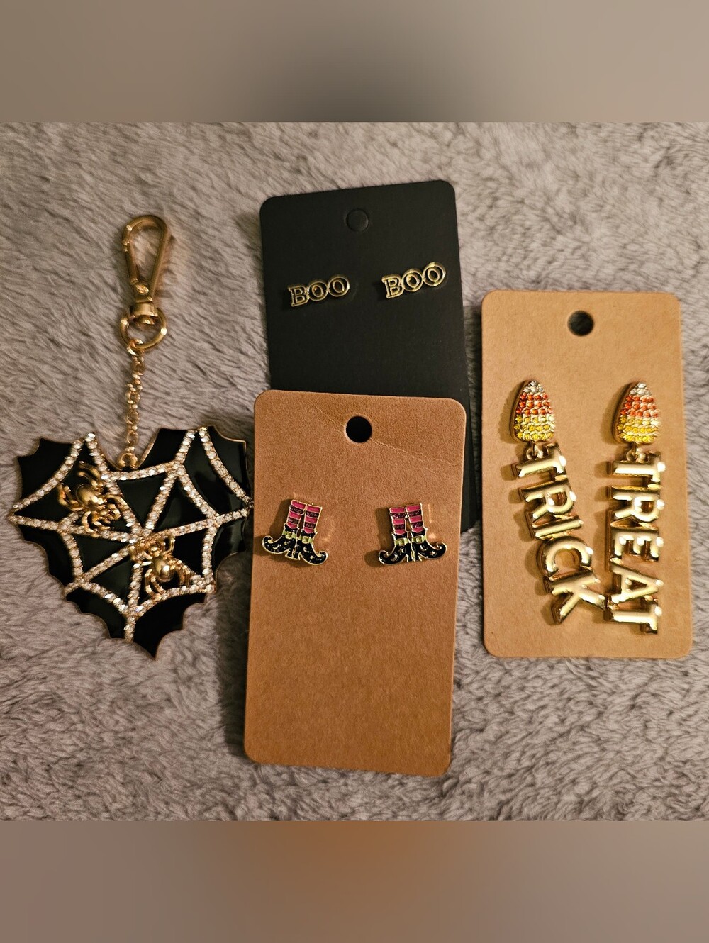 Halloween Witch Boot Stud, Candy Corn, And BOO Earrings - Spiderweb Purse Charm